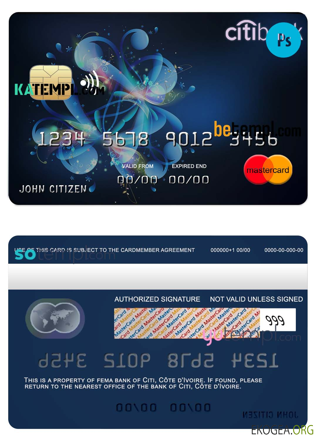 Modèle de carte de crédit mastercard de la banque Citi de Côte d'Ivoire au format PSD, entièrement modifiable